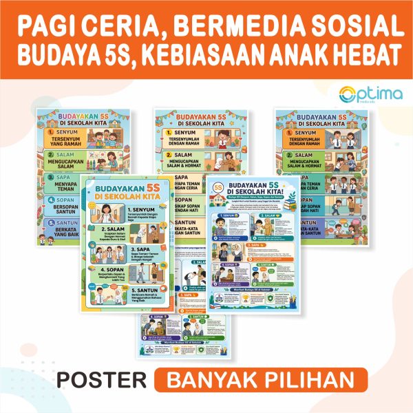 poster edukasi, poster budaya 5s, poster senyum salam sapa, poster sopan santun, pendidikan karakter anak, hiasan dinding kelas, dekorasi ruang kelas, poster tata krama siswa, poster tk sd smp sma, kurikulum merdeka, profil pelajar pancasila, optima media edu, media pembelajaran visual, peraga pendidikan sekolah, poster ukuran A3+, poster ukuran A4+, poster akhlak siswa, pajangan kelas edukatif, perlengkapan wali kelas, alat peraga sekolah murah