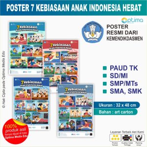 Ciptakan Lingkungan Belajar yang Positif dan Menginspirasi! Poster 7 Kebiasaan Anak Indonesia Hebat hadir sebagai solusi media visual edukatif untuk menanamkan kebiasaan baik dan karakter unggul pada anak dan remaja. Dengan desain yang segar, mudah dipahami, dan relevan, poster ini sangat cocok ditempel di ruang kelas, ruang bimbingan konseling, perpustakaan, maupun di kamar belajar anak di rumah. Sebagai produk dari Optima Media Edu, konten pada poster ini selaras dengan nilai-nilai Profil Pelajar Pancasila dalam Kurikulum Merdeka, menjadikannya investasi edukasi yang tepat bagi guru, sekolah, dan orang tua. Keunggulan Produk: Materi Edukatif & Inspiratif: Memuat 7 poin kebiasaan positif yang esensial untuk membentuk mentalitas juara dan karakter kebangsaan pada anak. Desain Universal: Visual dan gaya bahasa disesuaikan agar relevan untuk semua jenjang pendidikan (TK, SD, SMP, dan SMA). Kualitas Cetak Tajam (High Resolution): Menggunakan mesin cetak kelas industri sehingga warna tampil cerah, teks mudah dibaca dari jarak jauh, dan tidak mudah luntur. Material Awet & Tebal: Dicetak pada kertas berkualitas tinggi yang tahan lama dan tidak mudah robek saat ditempel. Spesifikasi Produk: Penerbit: Optima Media Edu Varian Ukuran: A4+ (Lebih besar sedikit dari A4 standar, pas untuk mading atau kamar belajar) A3+ (Sangat ideal untuk hiasan dinding ruang kelas agar terlihat dari seluruh penjuru ruangan) Pengemasan: Aman dan rapi, dijamin tidak lecek atau terlipat saat pengiriman. Sangat Direkomendasikan Untuk: Wali Kelas yang ingin mempercantik ruang kelas. Kepala Sekolah untuk melengkapi administrasi dan media afirmasi sekolah. Orang tua yang ingin memotivasi anak di rumah. Segera miliki poster ini dan jadilah bagian dari pembentukan generasi penerus bangsa yang berkarakter!