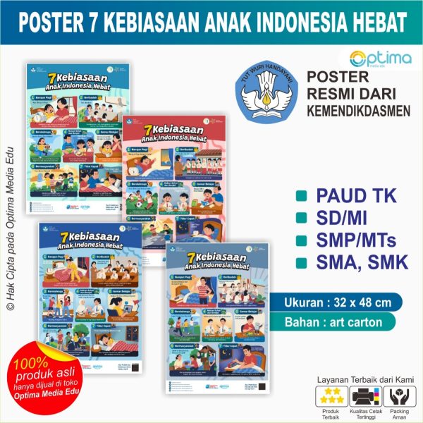 Ciptakan Lingkungan Belajar yang Positif dan Menginspirasi! Poster 7 Kebiasaan Anak Indonesia Hebat hadir sebagai solusi media visual edukatif untuk menanamkan kebiasaan baik dan karakter unggul pada anak dan remaja. Dengan desain yang segar, mudah dipahami, dan relevan, poster ini sangat cocok ditempel di ruang kelas, ruang bimbingan konseling, perpustakaan, maupun di kamar belajar anak di rumah. Sebagai produk dari Optima Media Edu, konten pada poster ini selaras dengan nilai-nilai Profil Pelajar Pancasila dalam Kurikulum Merdeka, menjadikannya investasi edukasi yang tepat bagi guru, sekolah, dan orang tua. Keunggulan Produk: Materi Edukatif & Inspiratif: Memuat 7 poin kebiasaan positif yang esensial untuk membentuk mentalitas juara dan karakter kebangsaan pada anak. Desain Universal: Visual dan gaya bahasa disesuaikan agar relevan untuk semua jenjang pendidikan (TK, SD, SMP, dan SMA). Kualitas Cetak Tajam (High Resolution): Menggunakan mesin cetak kelas industri sehingga warna tampil cerah, teks mudah dibaca dari jarak jauh, dan tidak mudah luntur. Material Awet & Tebal: Dicetak pada kertas berkualitas tinggi yang tahan lama dan tidak mudah robek saat ditempel. Spesifikasi Produk: Penerbit: Optima Media Edu Varian Ukuran: A4+ (Lebih besar sedikit dari A4 standar, pas untuk mading atau kamar belajar) A3+ (Sangat ideal untuk hiasan dinding ruang kelas agar terlihat dari seluruh penjuru ruangan) Pengemasan: Aman dan rapi, dijamin tidak lecek atau terlipat saat pengiriman. Sangat Direkomendasikan Untuk: Wali Kelas yang ingin mempercantik ruang kelas. Kepala Sekolah untuk melengkapi administrasi dan media afirmasi sekolah. Orang tua yang ingin memotivasi anak di rumah. Segera miliki poster ini dan jadilah bagian dari pembentukan generasi penerus bangsa yang berkarakter!